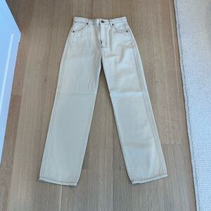 Reformation tan jeans with brown stitching
